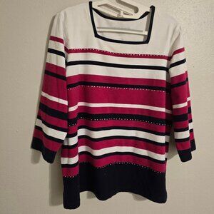 Alfred Dunner Red White &‎ Black Striped Sweater w/ Rhinestone Size M 3/4 Sleeve